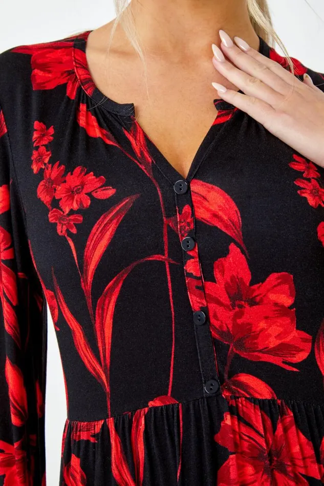 Red Petite Floral Print Tiered Stretch Dress Women Roman Dresses