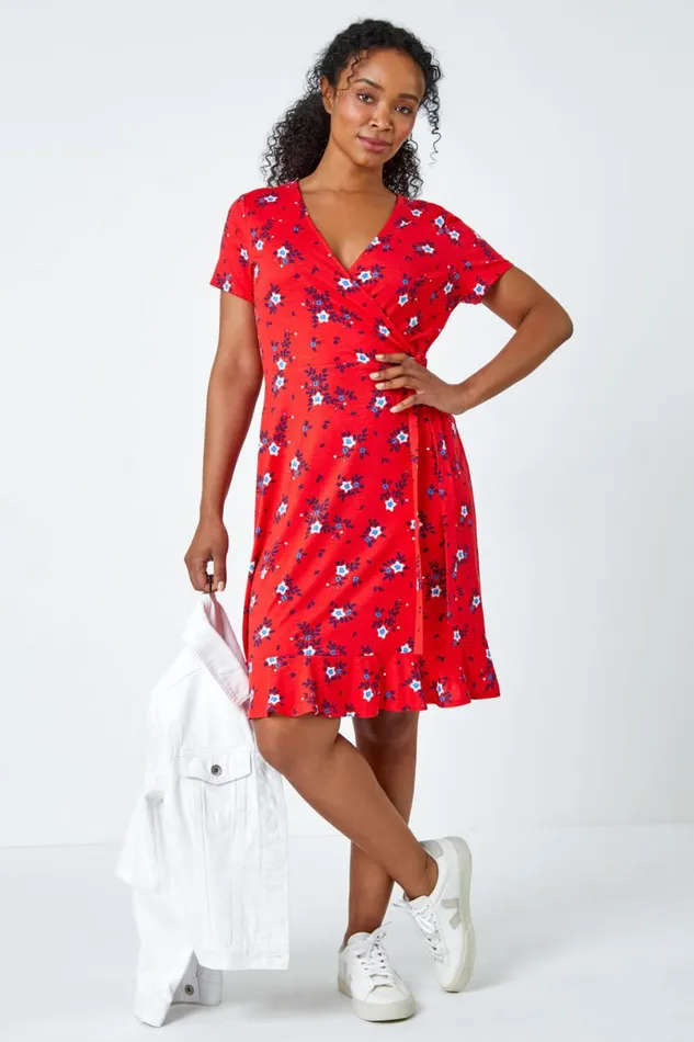 Red Petite Floral Stretch Wrap Dress Women Roman Dresses