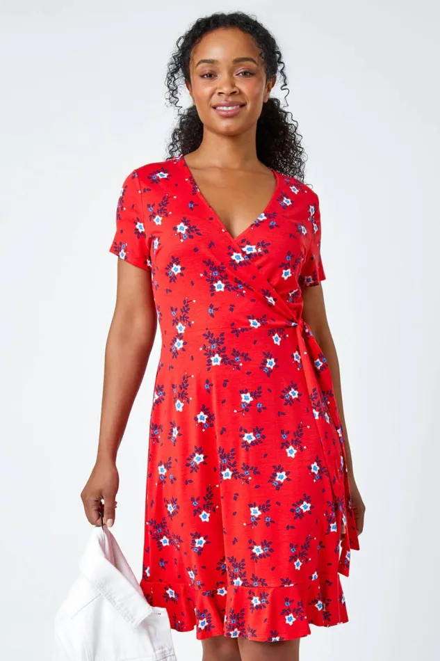 Red Petite Floral Stretch Wrap Dress Women Roman Dresses