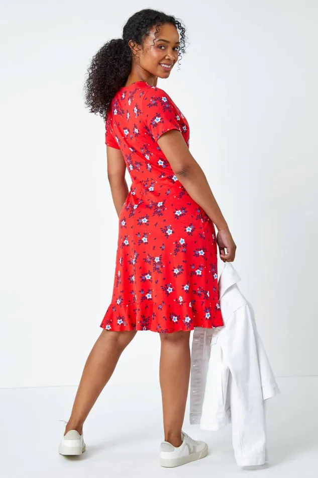 Red Petite Floral Stretch Wrap Dress Women Roman Dresses