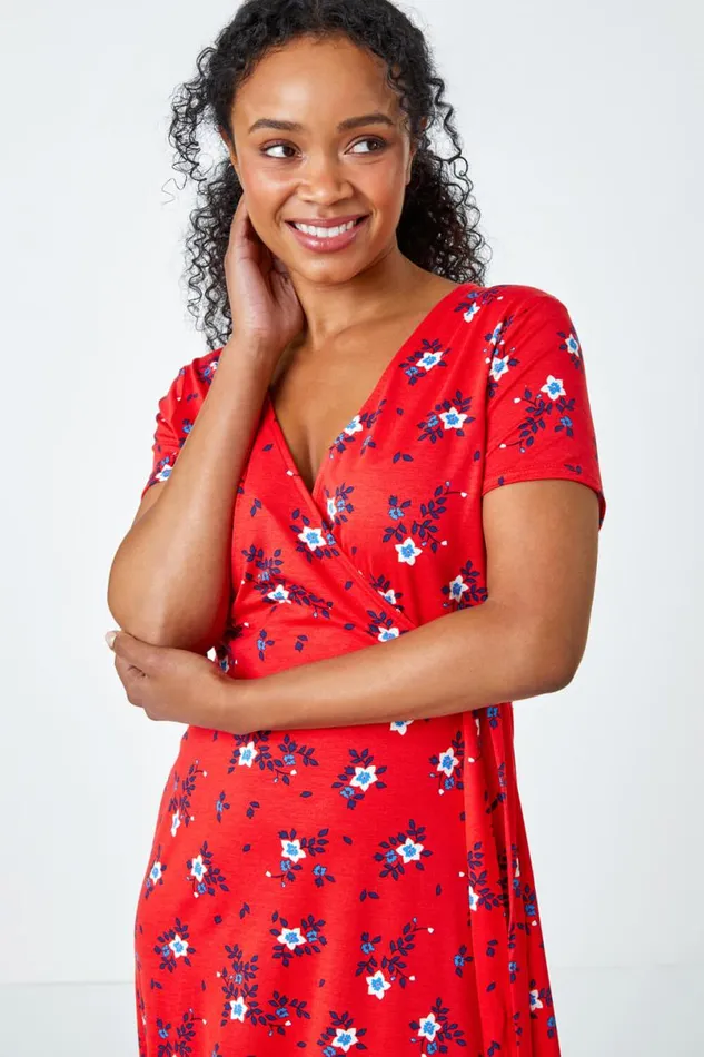 Red Petite Floral Stretch Wrap Dress Women Roman Dresses
