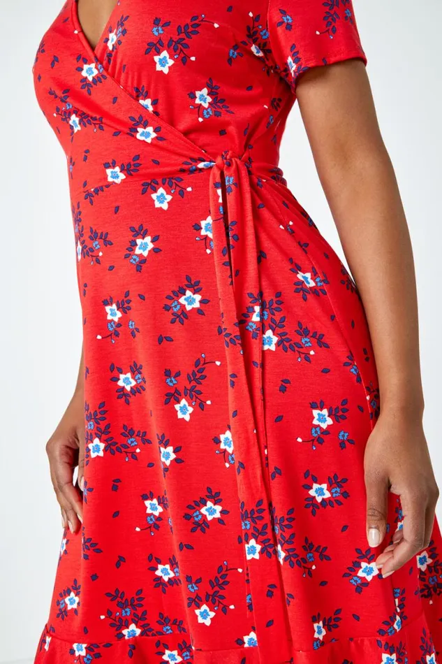 Red Petite Floral Stretch Wrap Dress Women Roman Dresses