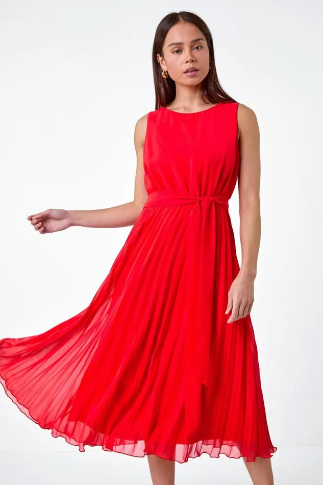 Red Petite Pleated Midi Dress Women Roman Dresses