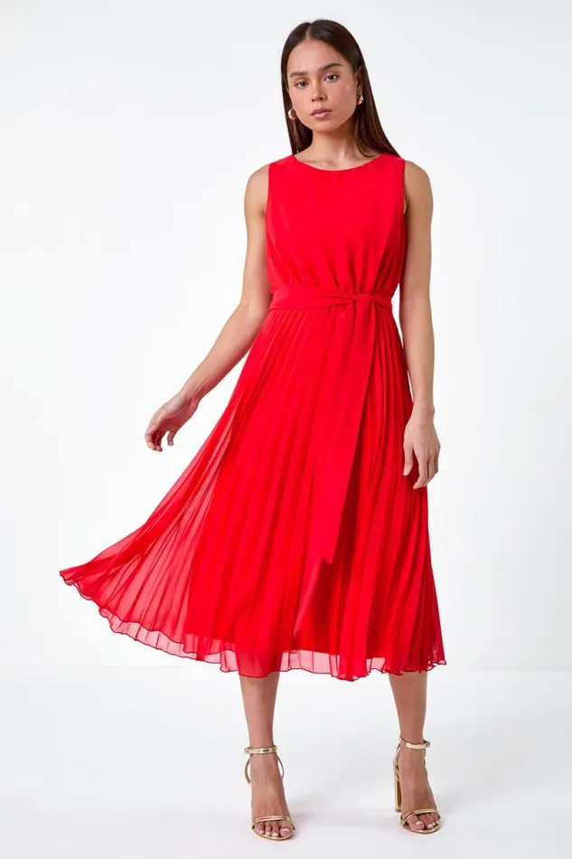 Red Petite Pleated Midi Dress Women Roman Dresses