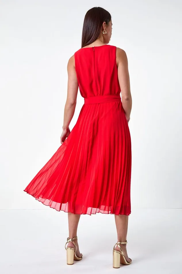 Red Petite Pleated Midi Dress Women Roman Dresses