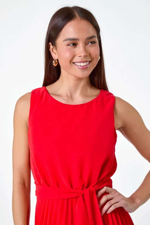 Red Petite Pleated Midi Dress Women Roman Dresses