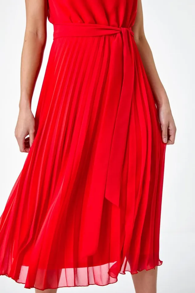 Red Petite Pleated Midi Dress Women Roman Dresses