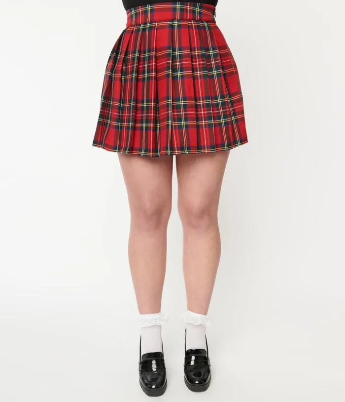 Red Plaid Pleated Mini Skirt Clothing Unique Vintage Skirts