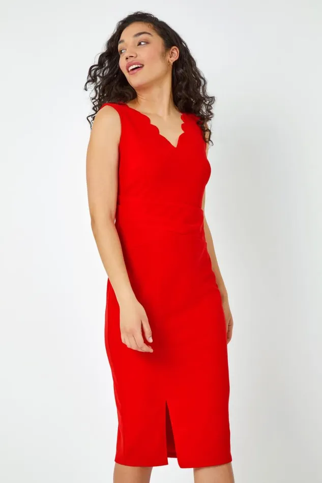 Red Scallop Detail Midi Stretch Dress Women Roman Dresses