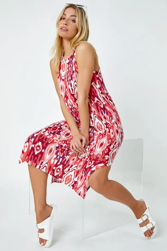 Red Sleeveless Aztec Print Midi Stretch Dress Women Roman Dresses