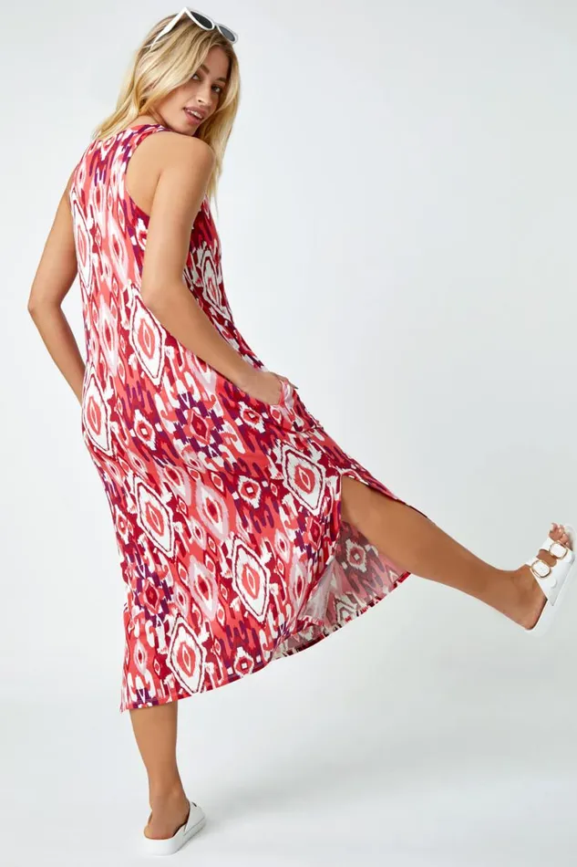 Red Sleeveless Aztec Print Midi Stretch Dress Women Roman Dresses
