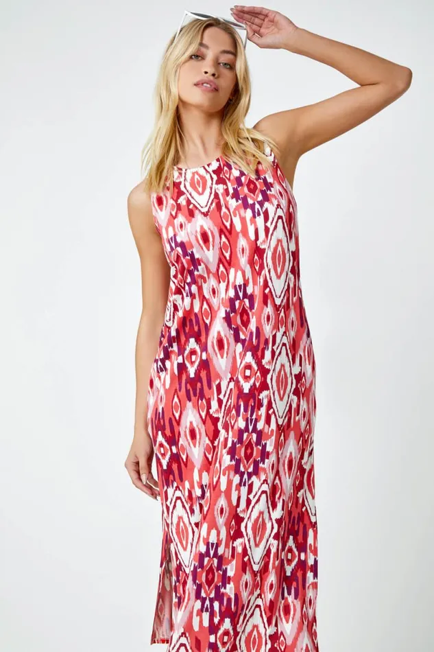 Red Sleeveless Aztec Print Midi Stretch Dress Women Roman Dresses