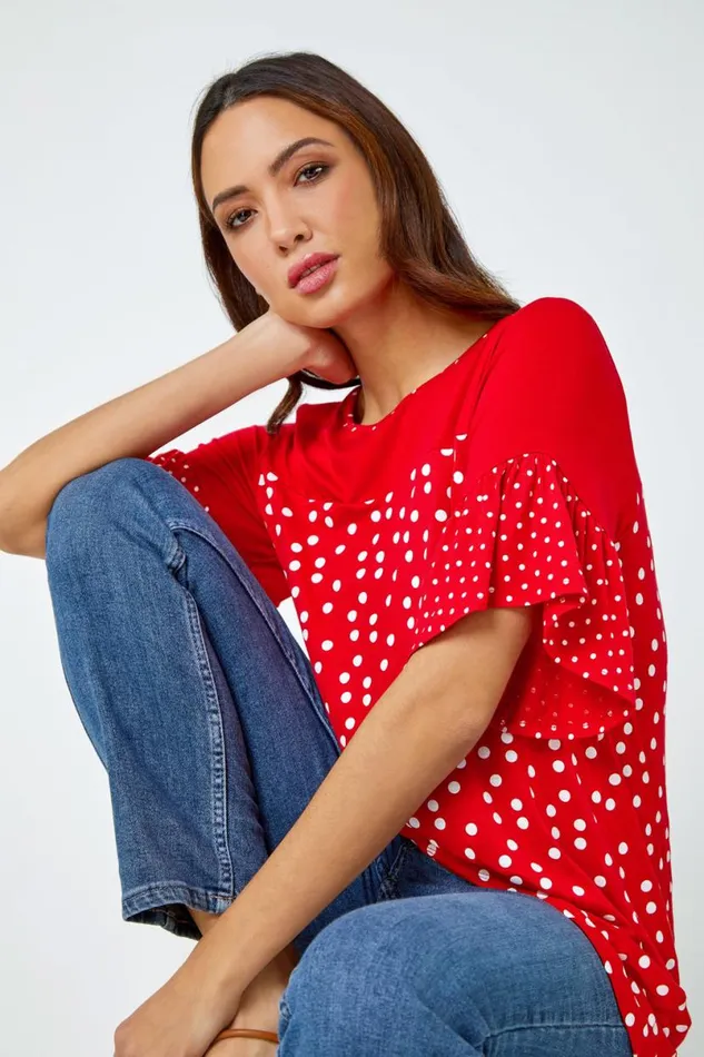 Red Spot Print Frill Sleeve Top Women Roman Tops
