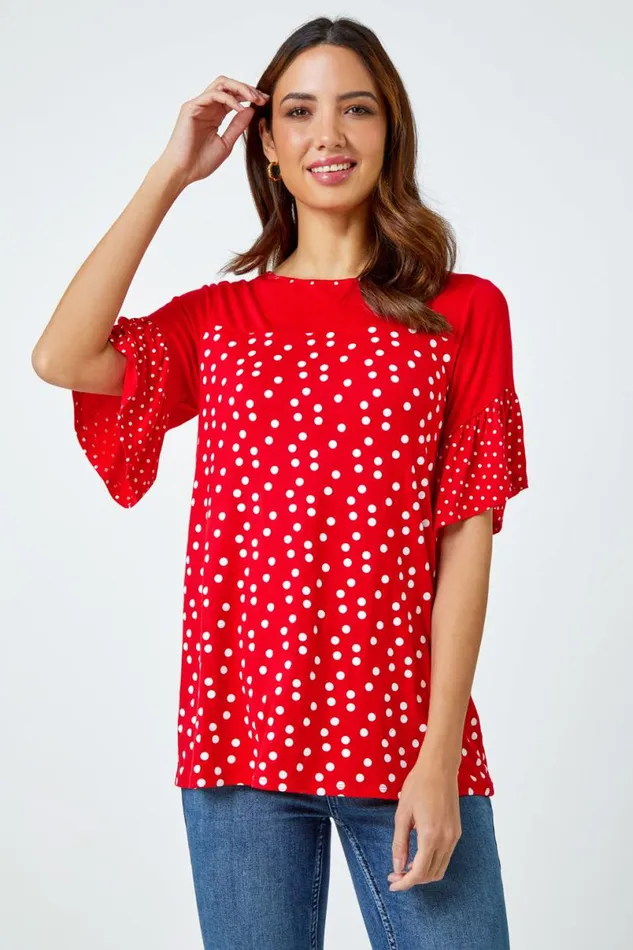 Red Spot Print Frill Sleeve Top Women Roman Tops