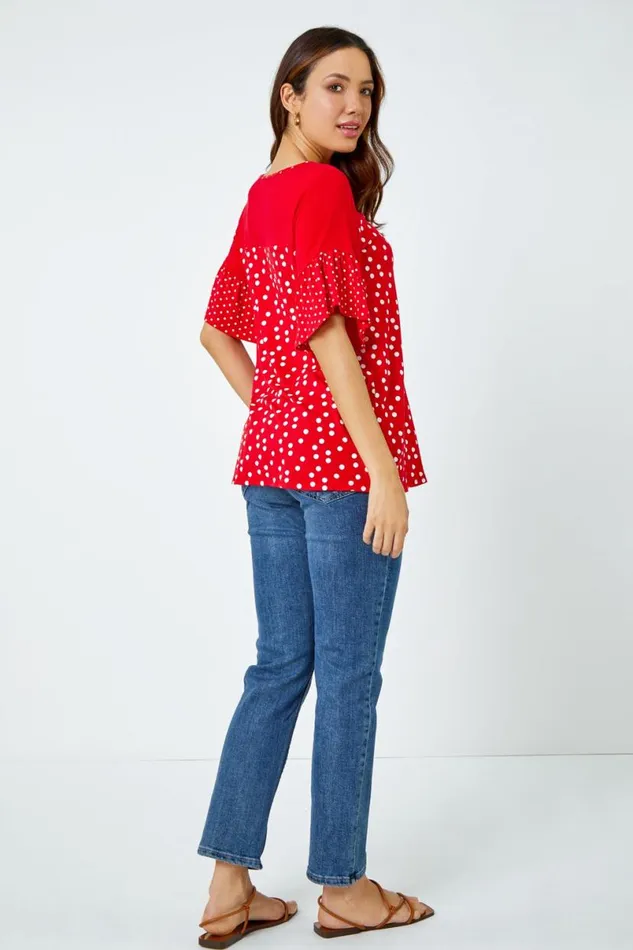 Red Spot Print Frill Sleeve Top Women Roman Tops