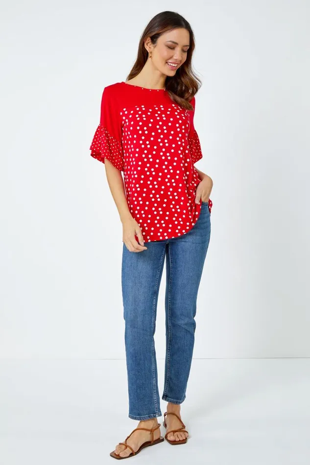 Red Spot Print Frill Sleeve Top Women Roman Tops