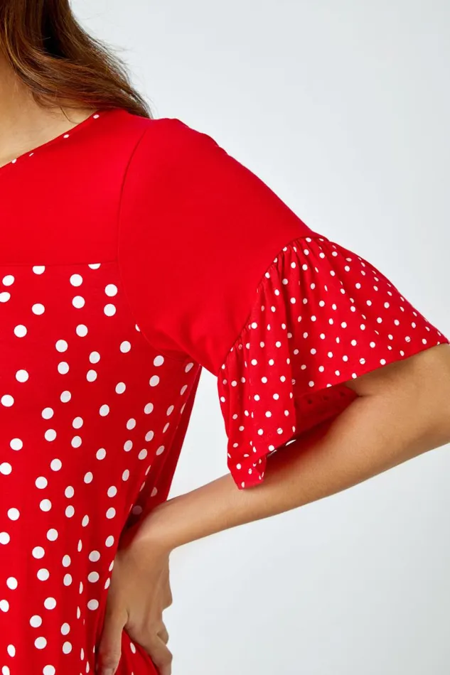 Red Spot Print Frill Sleeve Top Women Roman Tops