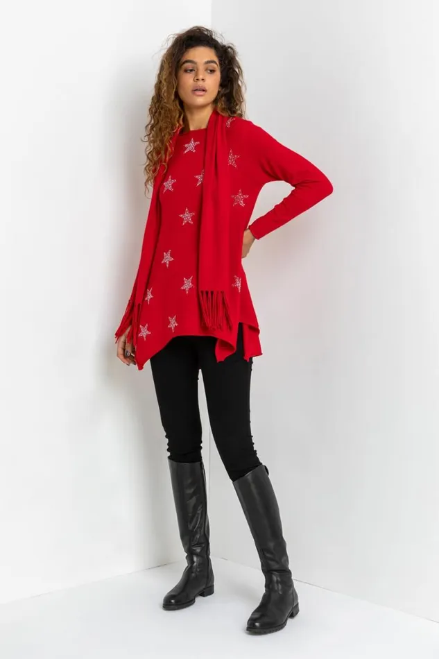 Red Star Print Knitted Tunic With Tassel Scarf Women Roman Knitwear