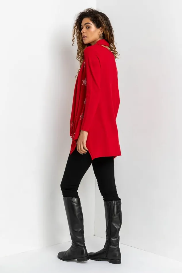 Red Star Print Knitted Tunic With Tassel Scarf Women Roman Knitwear