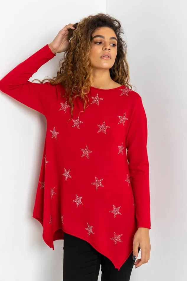 Red Star Print Knitted Tunic With Tassel Scarf Women Roman Knitwear