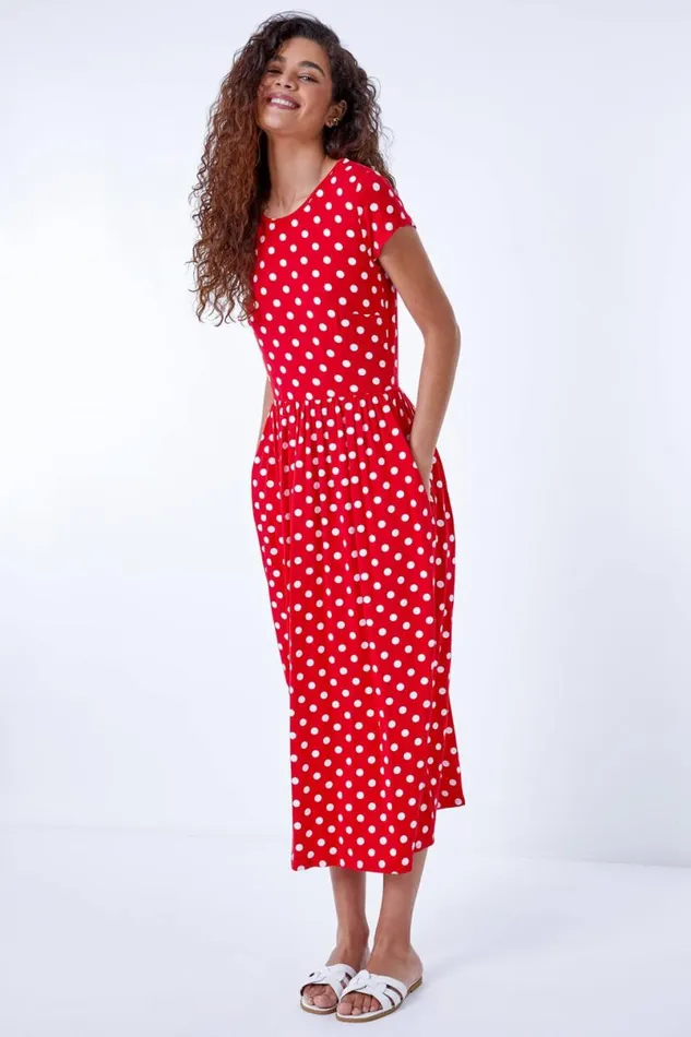 Red Stretch Jersey Spot Midi Dress Women Roman Dresses