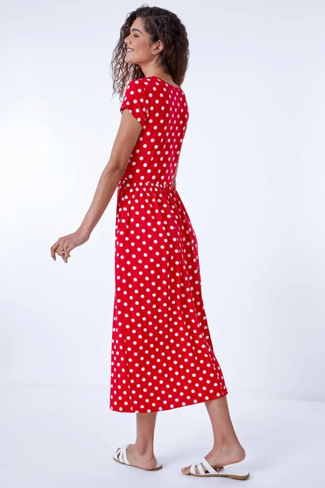 Red Stretch Jersey Spot Midi Dress Women Roman Dresses