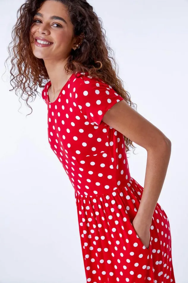 Red Stretch Jersey Spot Midi Dress Women Roman Dresses