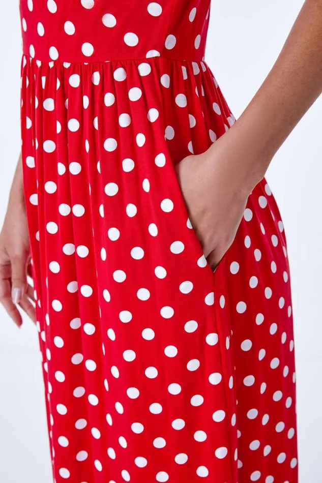 Red Stretch Jersey Spot Midi Dress Women Roman Dresses