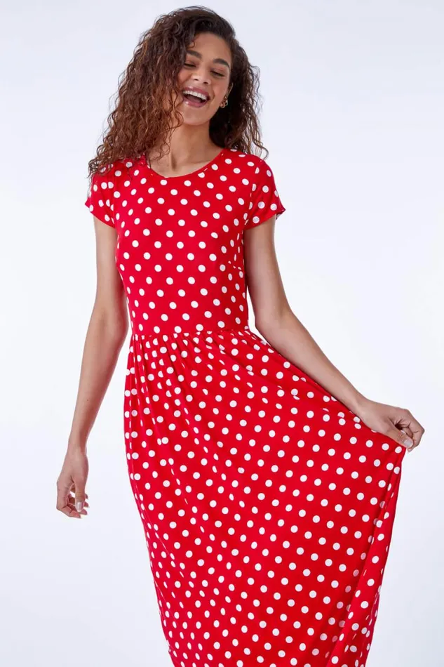 Red Stretch Jersey Spot Midi Dress Women Roman Dresses