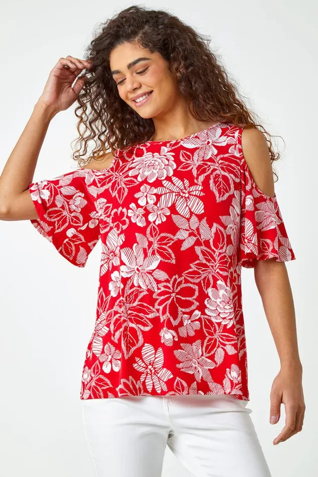 Red Textured Floral Print Cold Shoulder Top Women Roman Tops