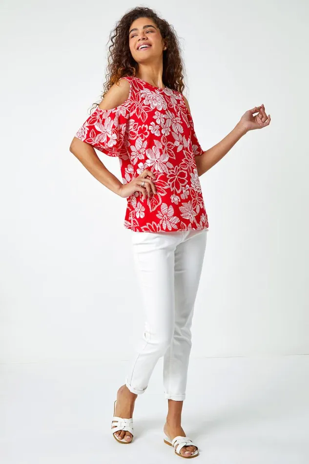 Red Textured Floral Print Cold Shoulder Top Women Roman Tops