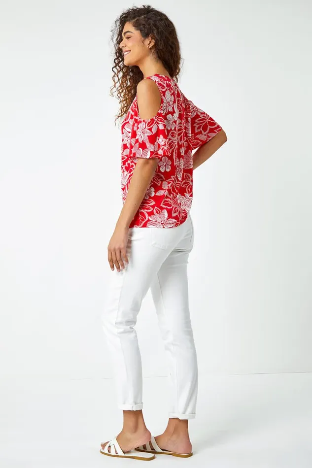 Red Textured Floral Print Cold Shoulder Top Women Roman Tops