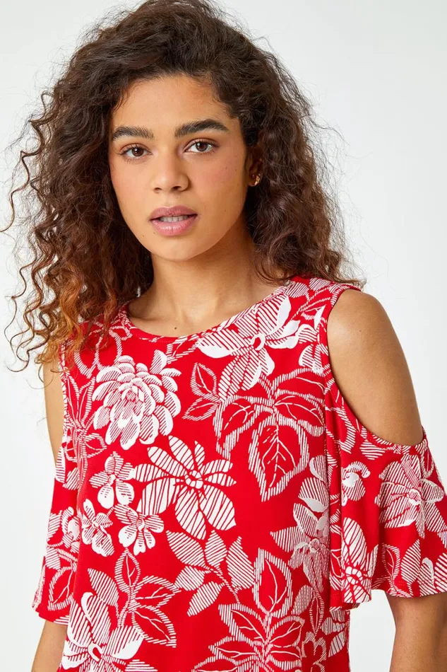 Red Textured Floral Print Cold Shoulder Top Women Roman Tops