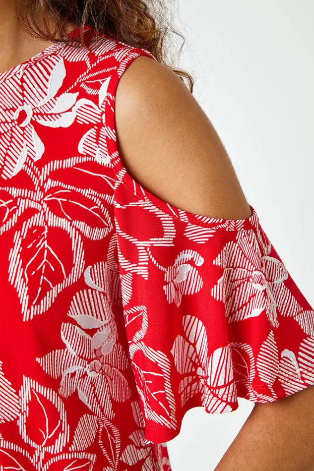 Red Textured Floral Print Cold Shoulder Top Women Roman Tops
