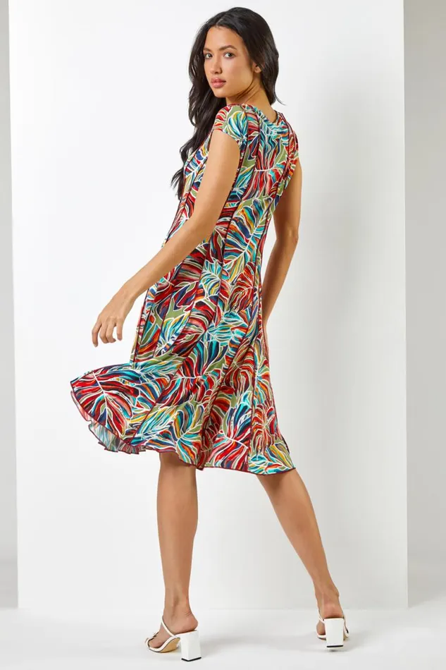 Red Textured Leaf Print Panel Dress Women Roman Dresses