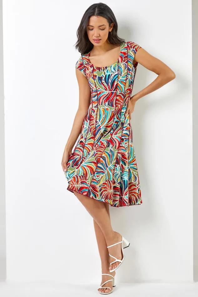Red Textured Leaf Print Panel Dress Women Roman Dresses