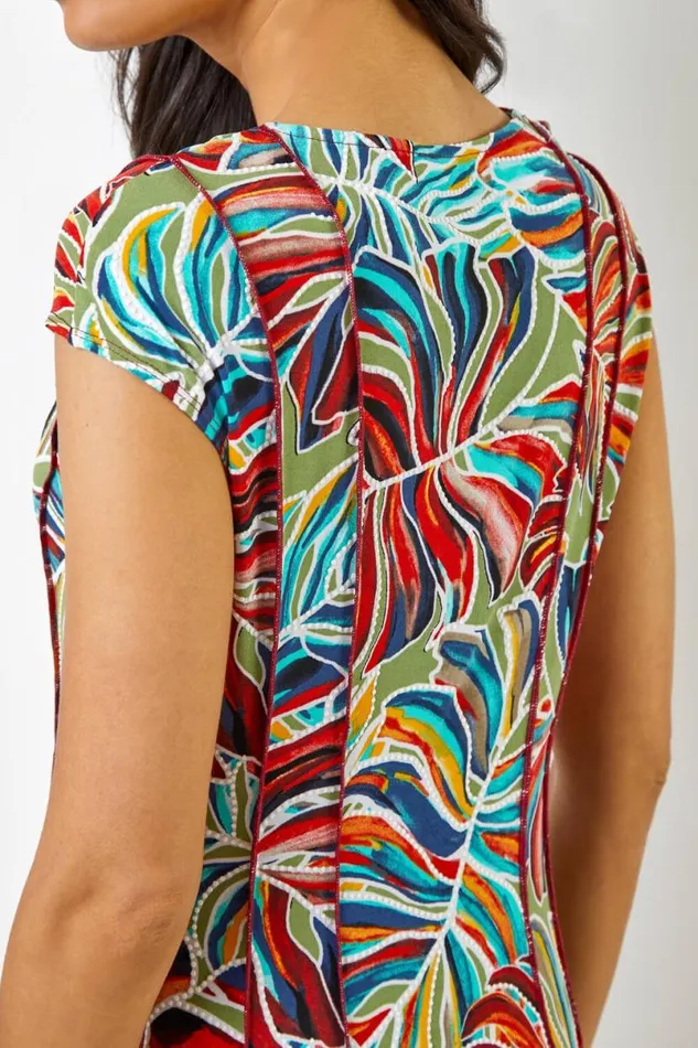 Red Textured Leaf Print Panel Dress Women Roman Dresses