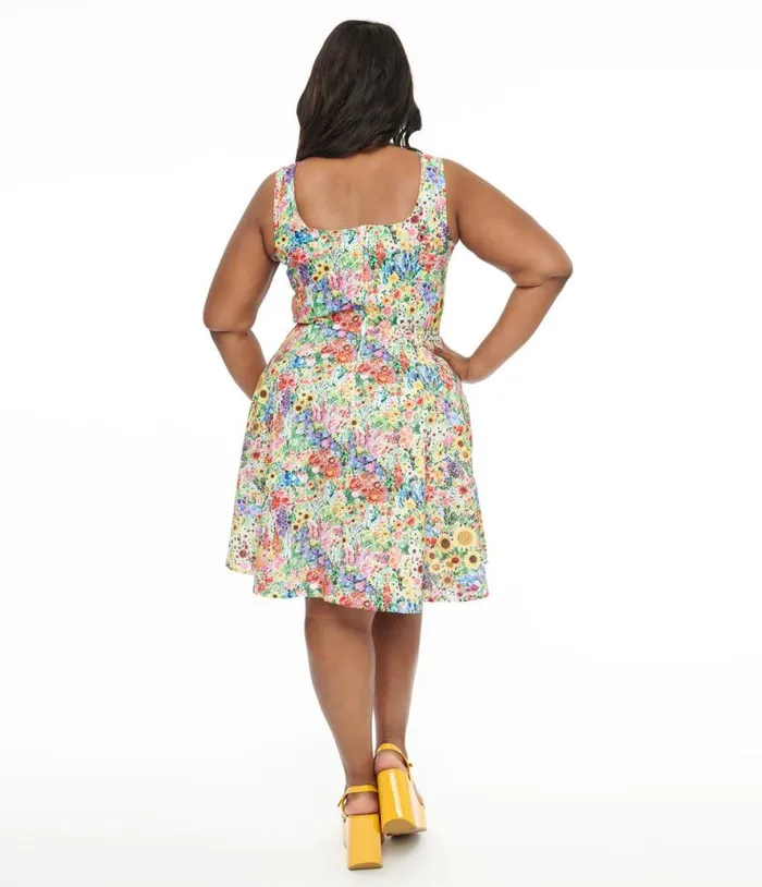 Retrolicious Plus Size 1950s Vintage Style Rainbow Floral Cotton Swing Dress DressesPlus Unique Vintage Pocket Dresses