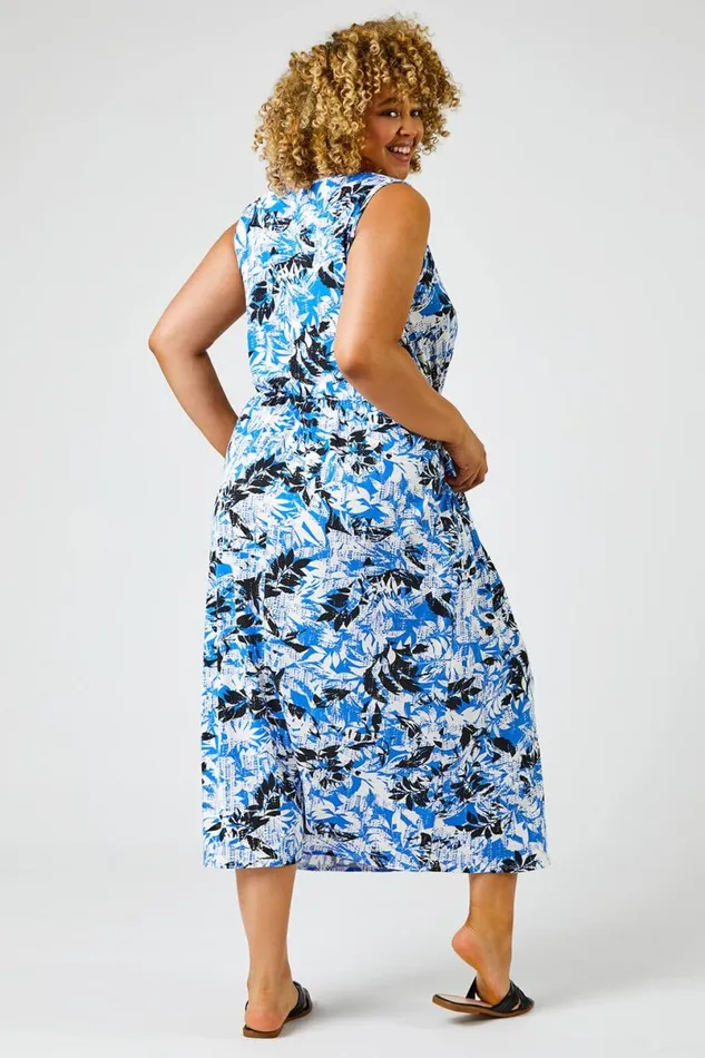 Royal Blue Curve Abstract Tropical Print Maxi Dress Women Roman Dresses