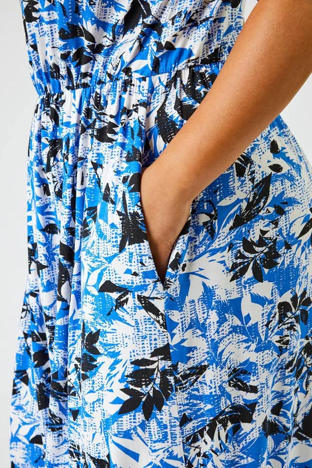 Royal Blue Curve Abstract Tropical Print Maxi Dress Women Roman Dresses