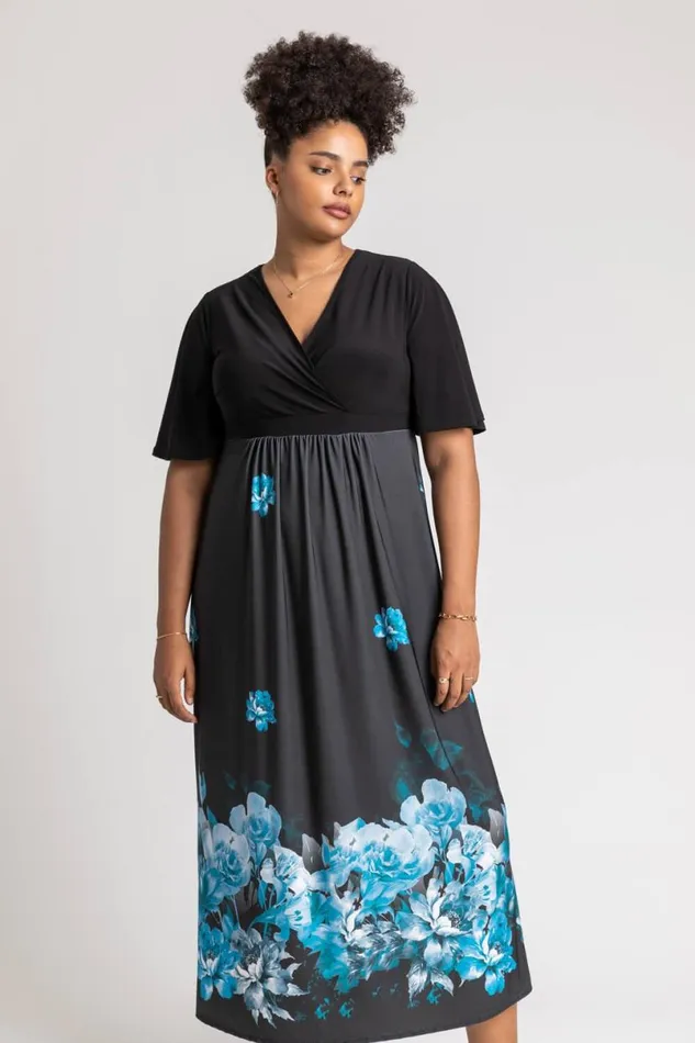 Royal Blue Curve Floral Border Print Maxi Dress Women Roman Dresses