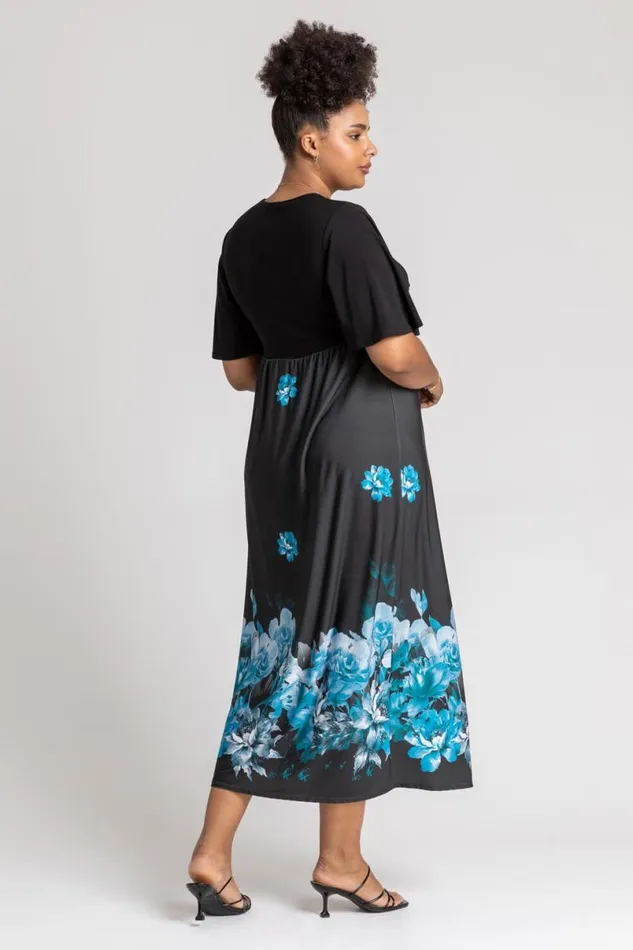 Royal Blue Curve Floral Border Print Maxi Dress Women Roman Dresses