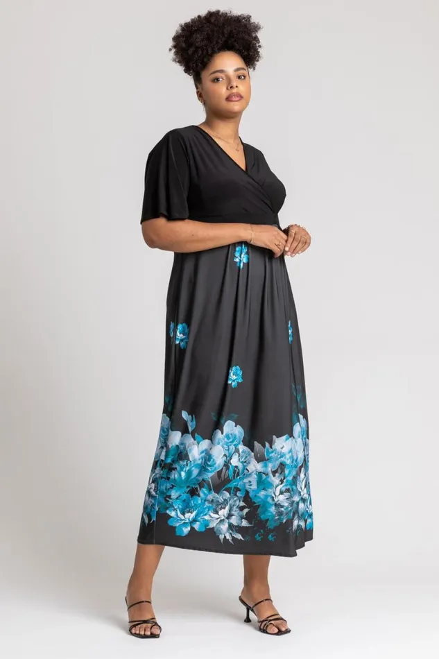 Royal Blue Curve Floral Border Print Maxi Dress Women Roman Dresses
