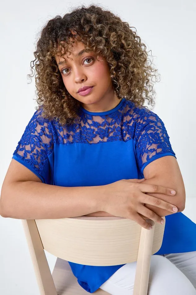Royal Blue Curve Lace Yoke Stretch Jersey Tunic Top Women Roman Tops