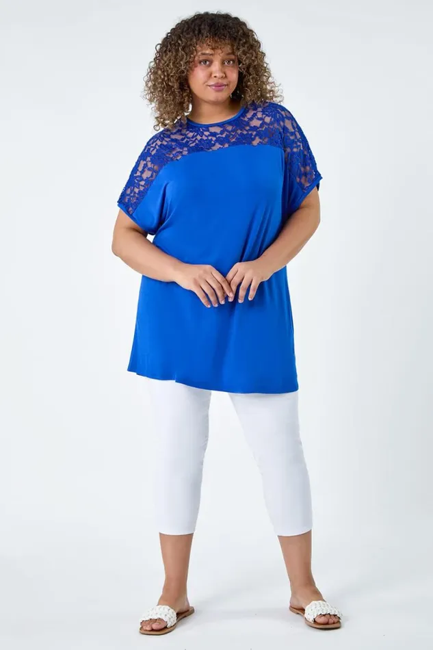 Royal Blue Curve Lace Yoke Stretch Jersey Tunic Top Women Roman Tops