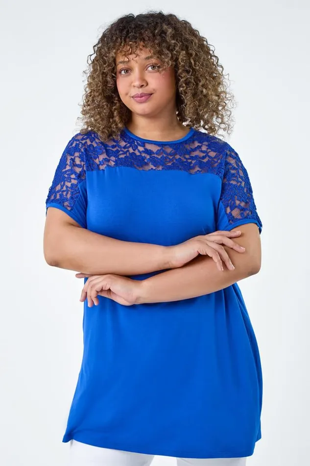 Royal Blue Curve Lace Yoke Stretch Jersey Tunic Top Women Roman Tops