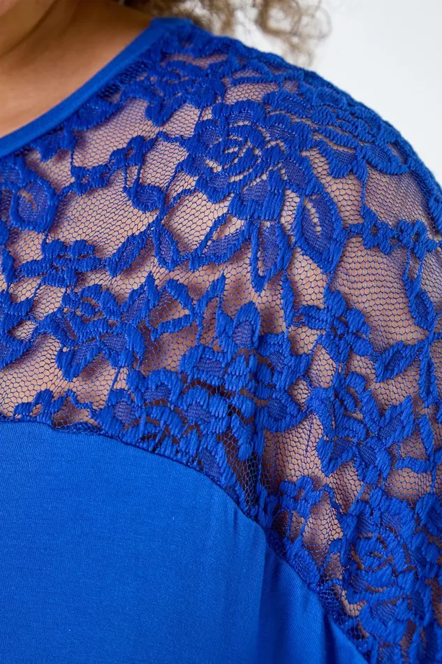 Royal Blue Curve Lace Yoke Stretch Jersey Tunic Top Women Roman Tops