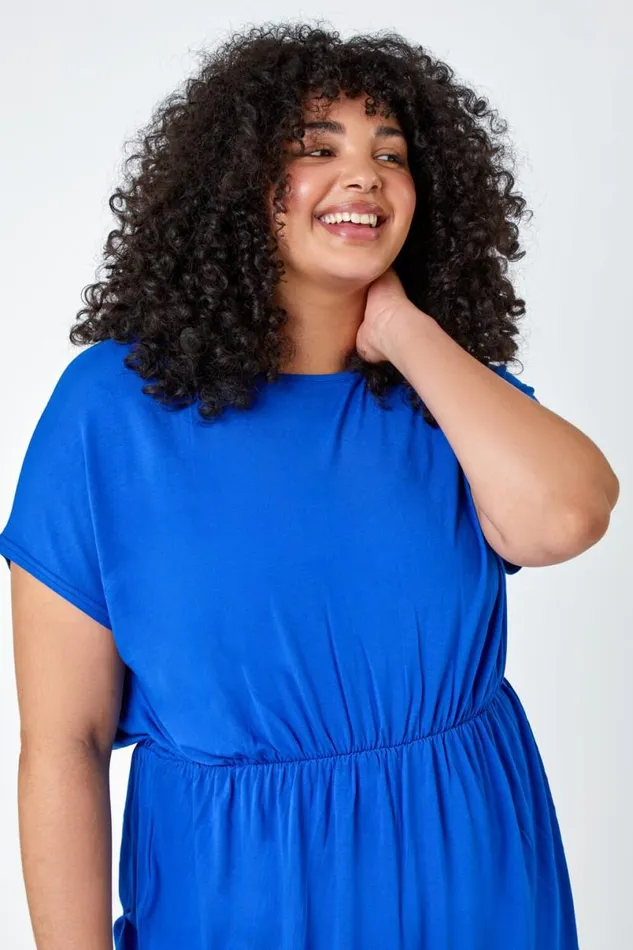 Royal Blue Curve Shirred Waist Tunic Top Women Roman Tops