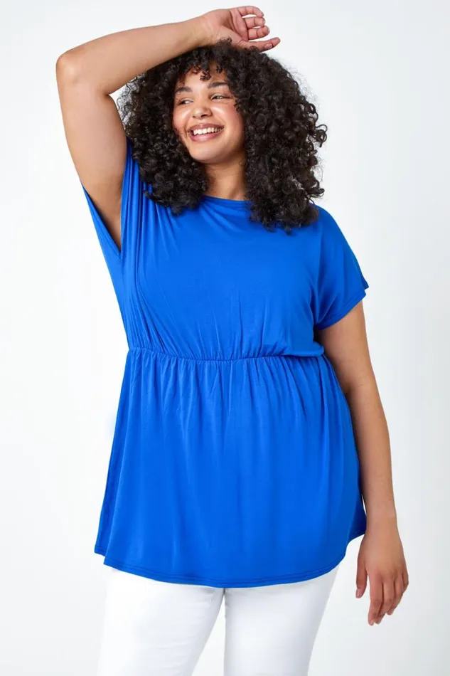 Royal Blue Curve Shirred Waist Tunic Top Women Roman Tops