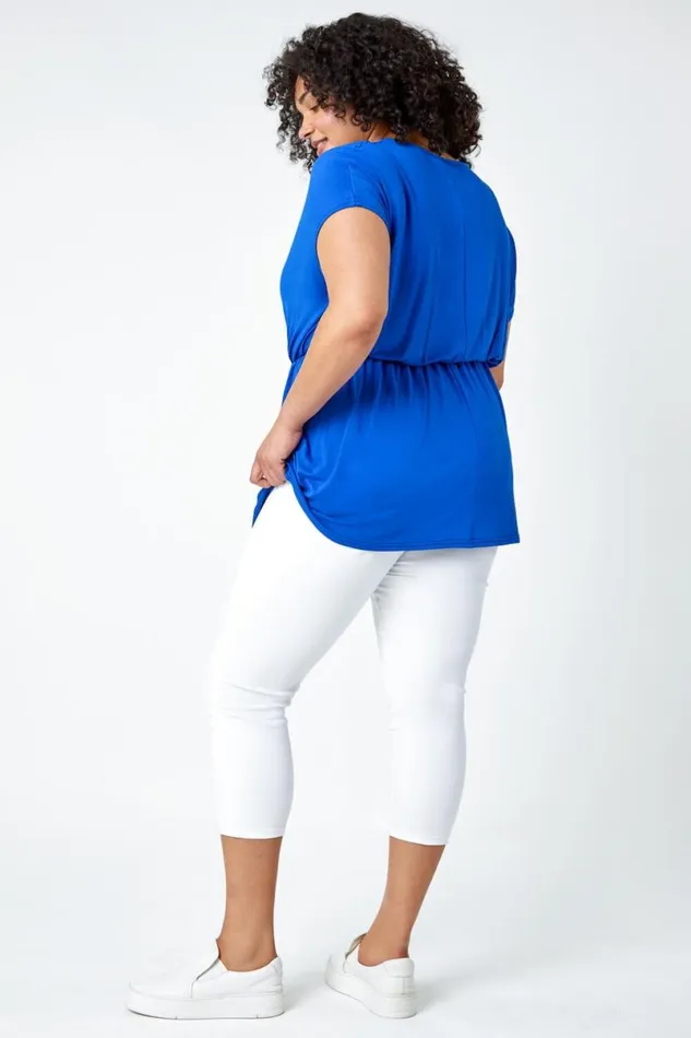 Royal Blue Curve Shirred Waist Tunic Top Women Roman Tops